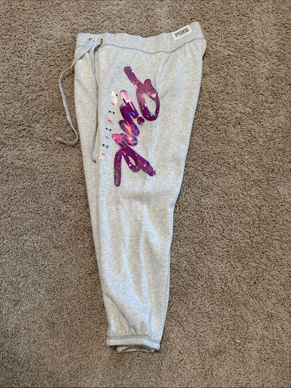 PINK Victoria's Secret Grey Joggers with Pink Sequin Logo
